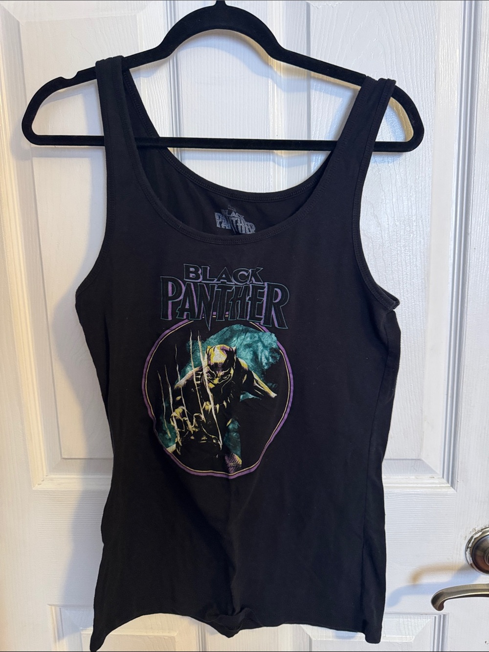 Marvel Black Panther Black Graphic Tank Top with Teal and Purple Accents